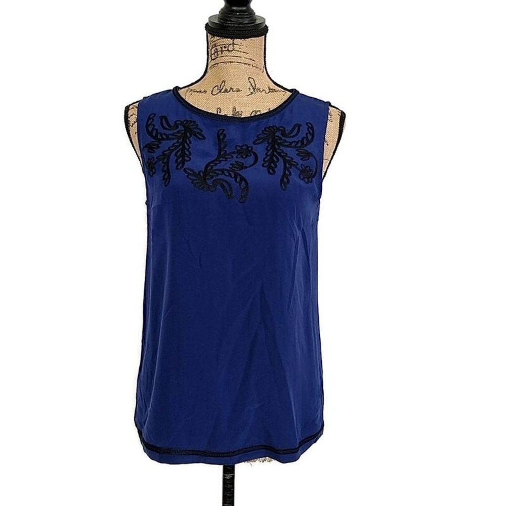 Madewell Blue Silk Embroidered Sleeveless Blouse Black Trim Boho Artsy Chic sz S